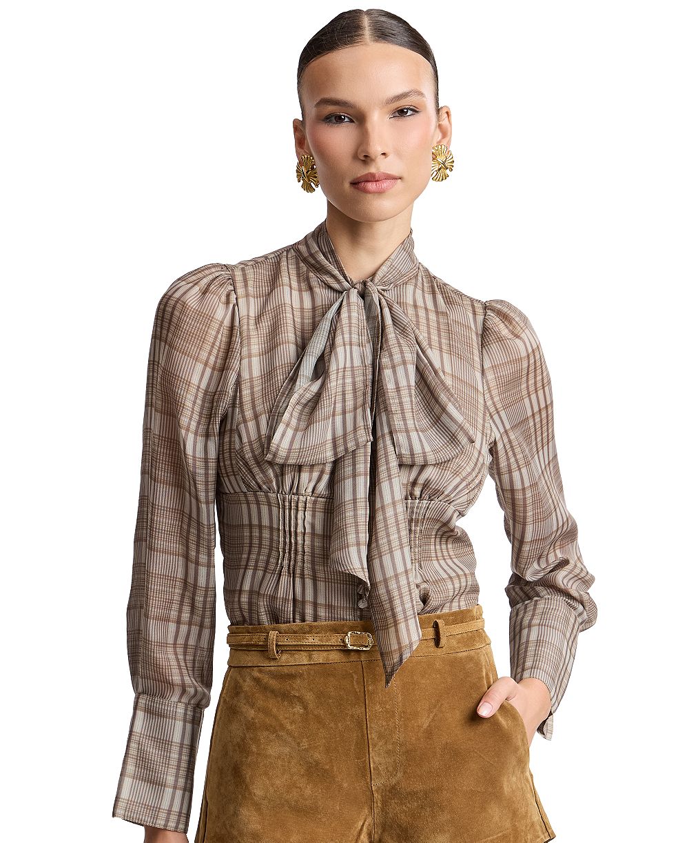 Avec Les Filles Women's Long Puff-Sleeve Scarf Neck Plaid Blouse