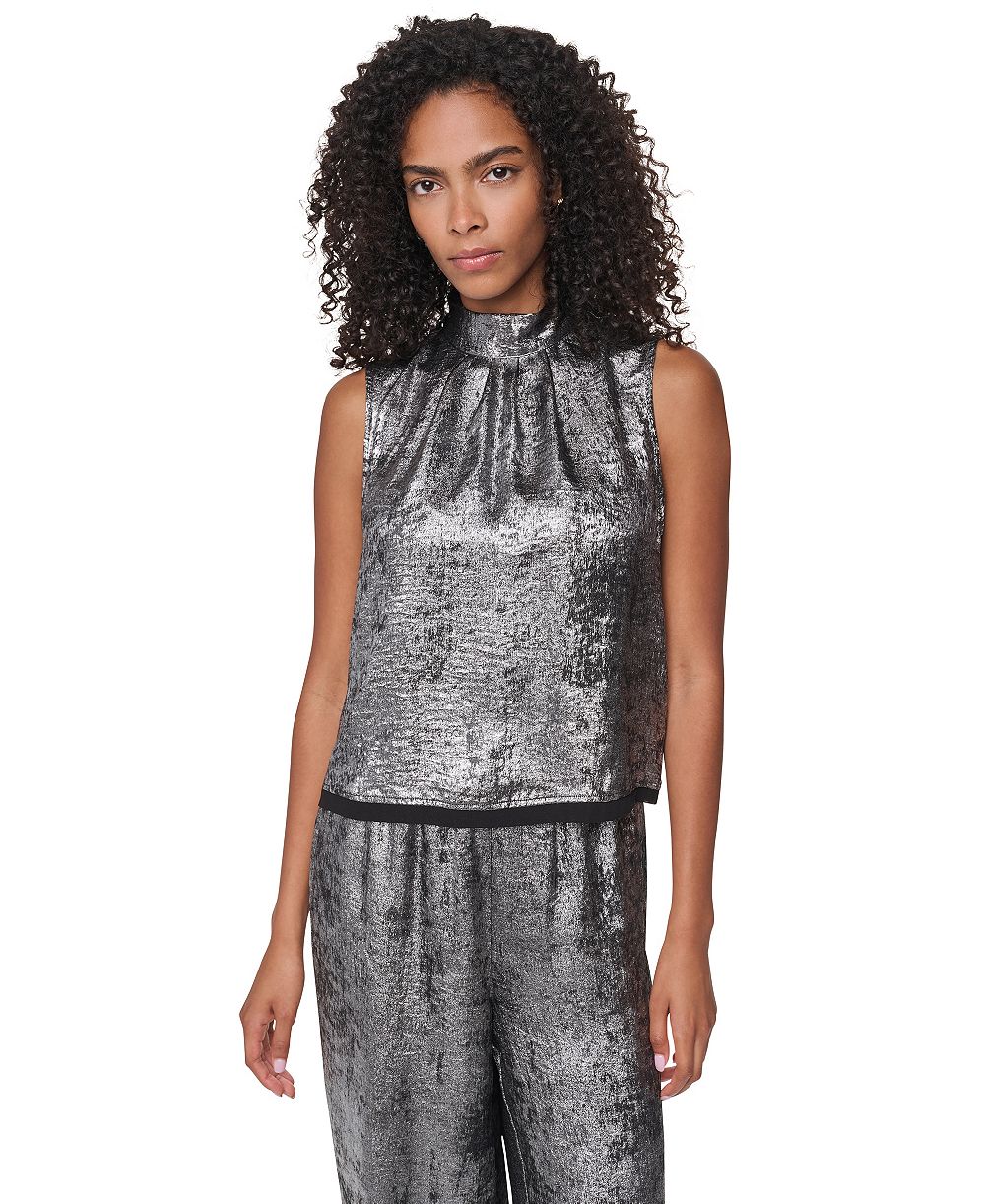 DKNY Women's Empire State Steel Mock Mock Neck Swing Cocktail Blouse
