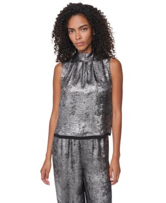 DKNY женская коктейльная блуза Empire State Steel с высоким воротником-стойкой и расклешенным силуэтом