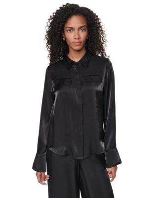 DKNY Women's East River Shine Long-Sleeve Satin Fitted Blouse