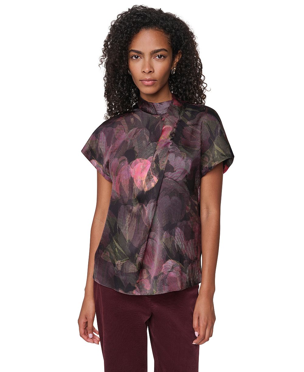 DKNY Women's Floral-Print Mock Neck Short-Sleeve Blouse