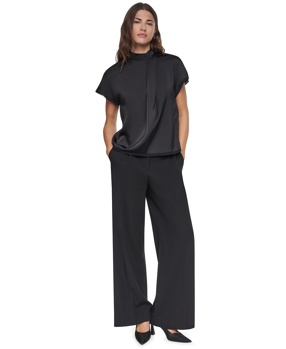 DKNY Women's Short-Sleeve Mock-Neck Satin Blouse