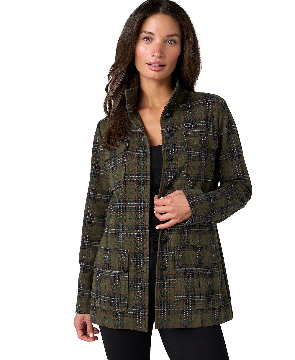 Liverpool Los Angeles Petites Tartan-Plaid Funnel-Neck Jacket
