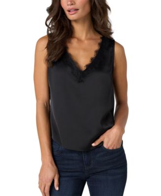 Liverpool Los Angeles Petite V-Neck Lace-Trimmed Matte Satin Tank Top
