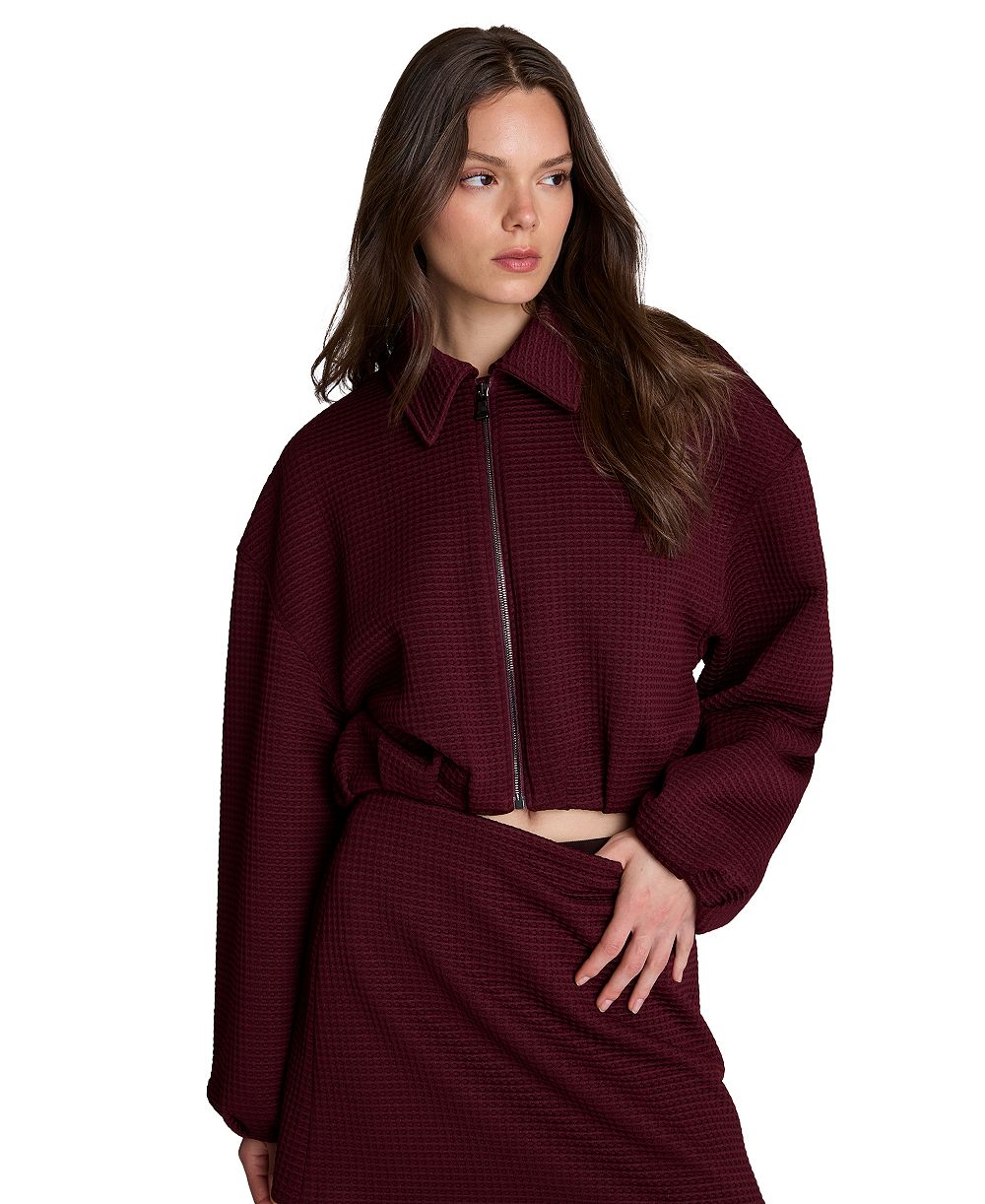 Kenneth Cole Women's Pleated Hem Collared Zip Thermal Scuba Cardigan