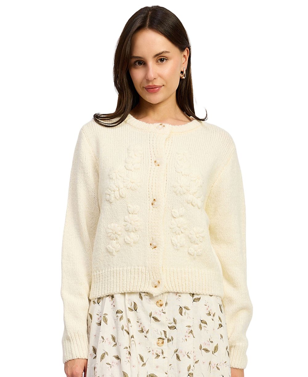 En Saison Women's Hannah Crew Neck 3D Knitted Flower Cardigan