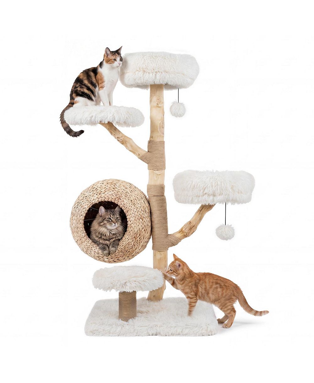 Gymax 5-Tier Cat Tree 53'' Wooden Cat Tower With Woven Cat Condo Plush Perches for Indoor