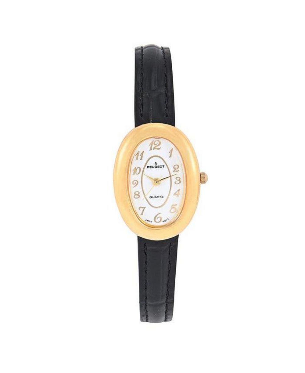 Женские часы Peugeot Petite Oval Dial с позолотой 14K и тонким черным кожаным ремешком