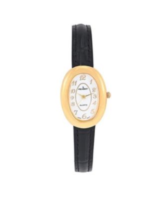 Женские часы Peugeot Petite Oval Dial с позолотой 14K и тонким черным кожаным ремешком