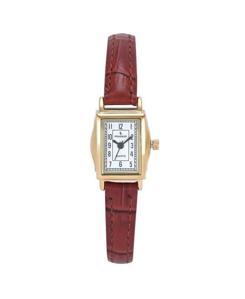 Peugeot Women's Vintage 14K Gold-Plated Rectangular Small Face Watch with Brown Leather Strap