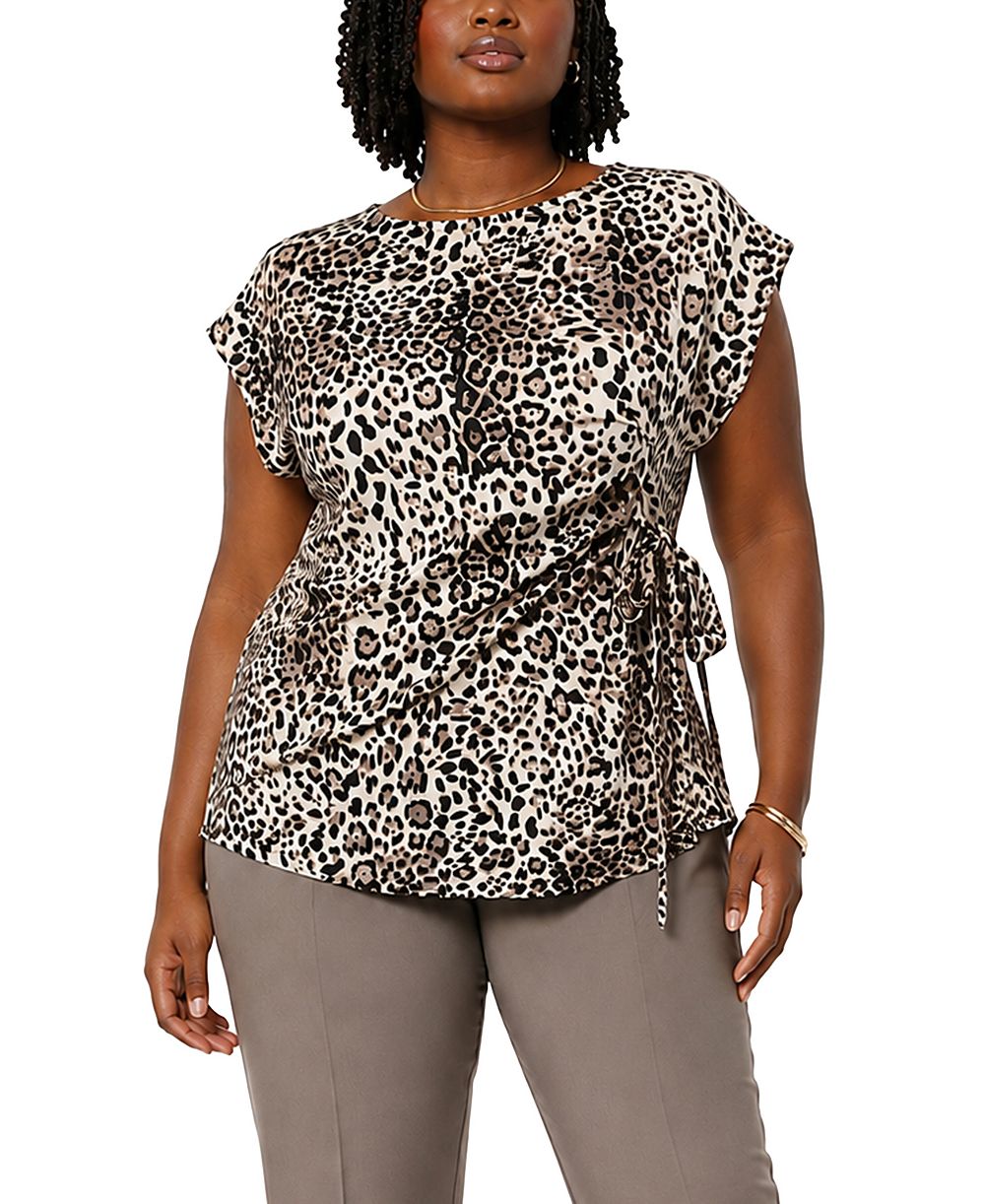 Блузка COIN 1804 Plus Size Leopard Print Pleat and Side-Tie Boat Neck