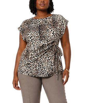 COIN 1804 Plus Size Leopard Print Pleat and Side-Tie Boat Neck Blouse