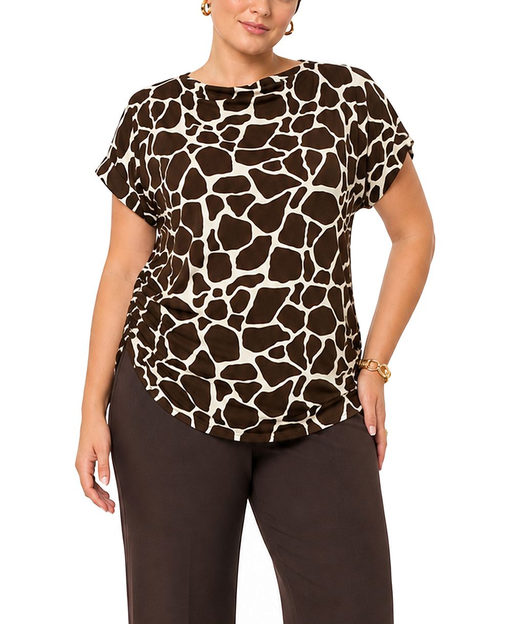 COIN 1804 Plus Size Giraffe-Print Cowl-Neck Rolled-Short-Sleeve Top