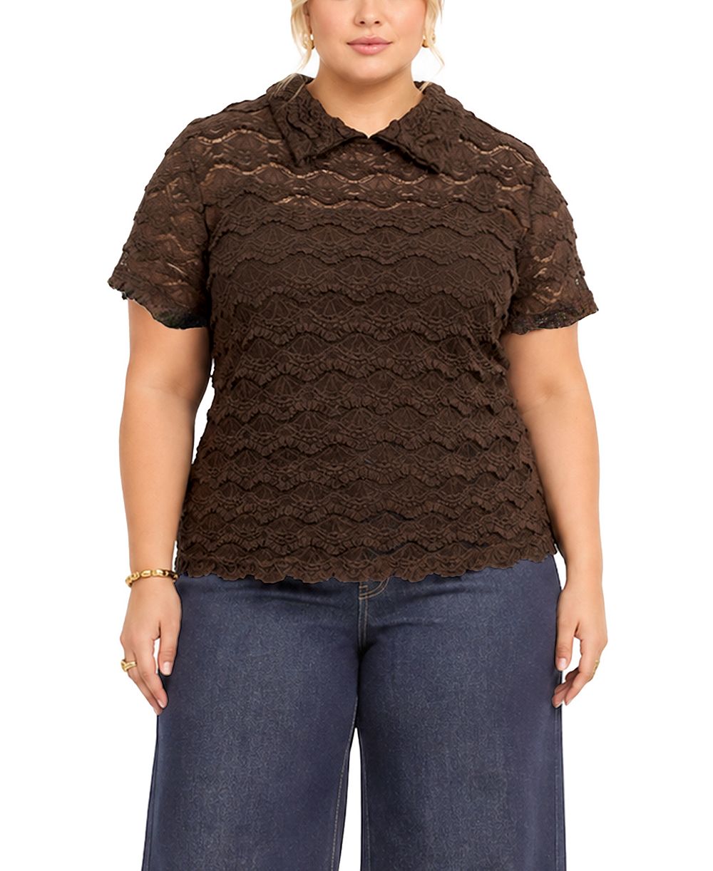 COIN 1804 Plus Size Scallop Edge Lace Short-Sleeve Top