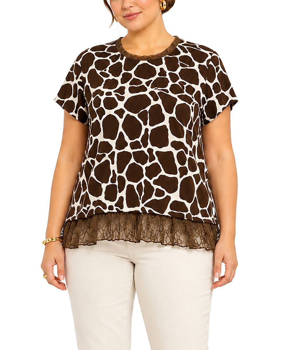 COIN 1804 Plus Size Giraffe Print Lace Pleat Back Top