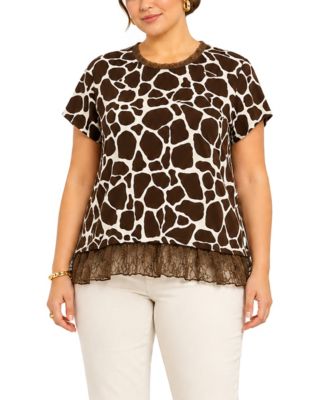 Топ COIN 1804 Plus Size Giraffe Print Lace Pleat Back