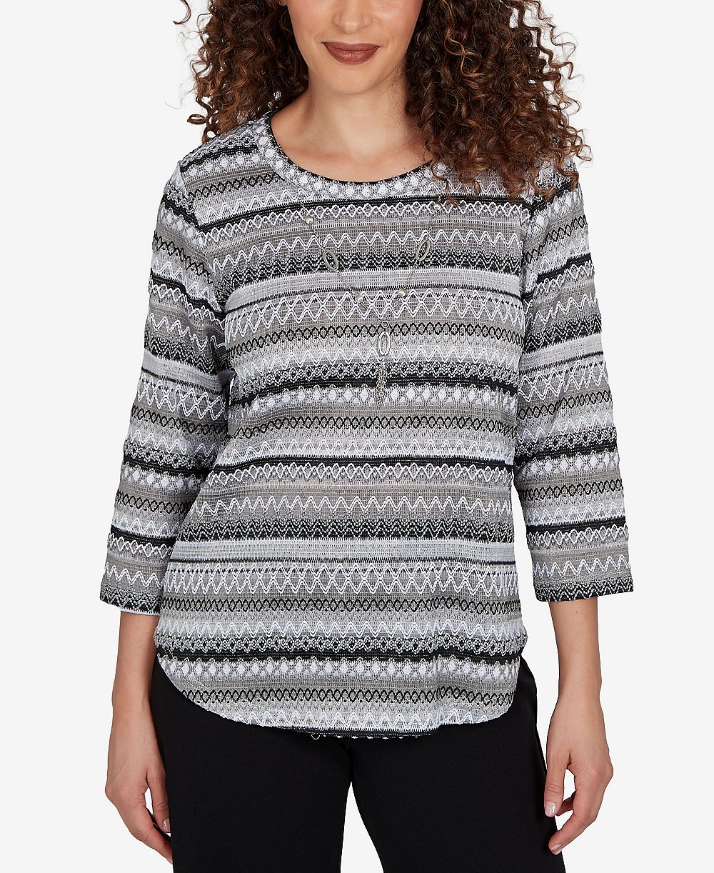 Alfred Dunner Petite Textured-Stripe 3/4-Sleeve Crewneck T-Shirt