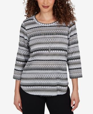 Alfred Dunner Petite Textured-Stripe 3/4-Sleeve Crewneck T-Shirt