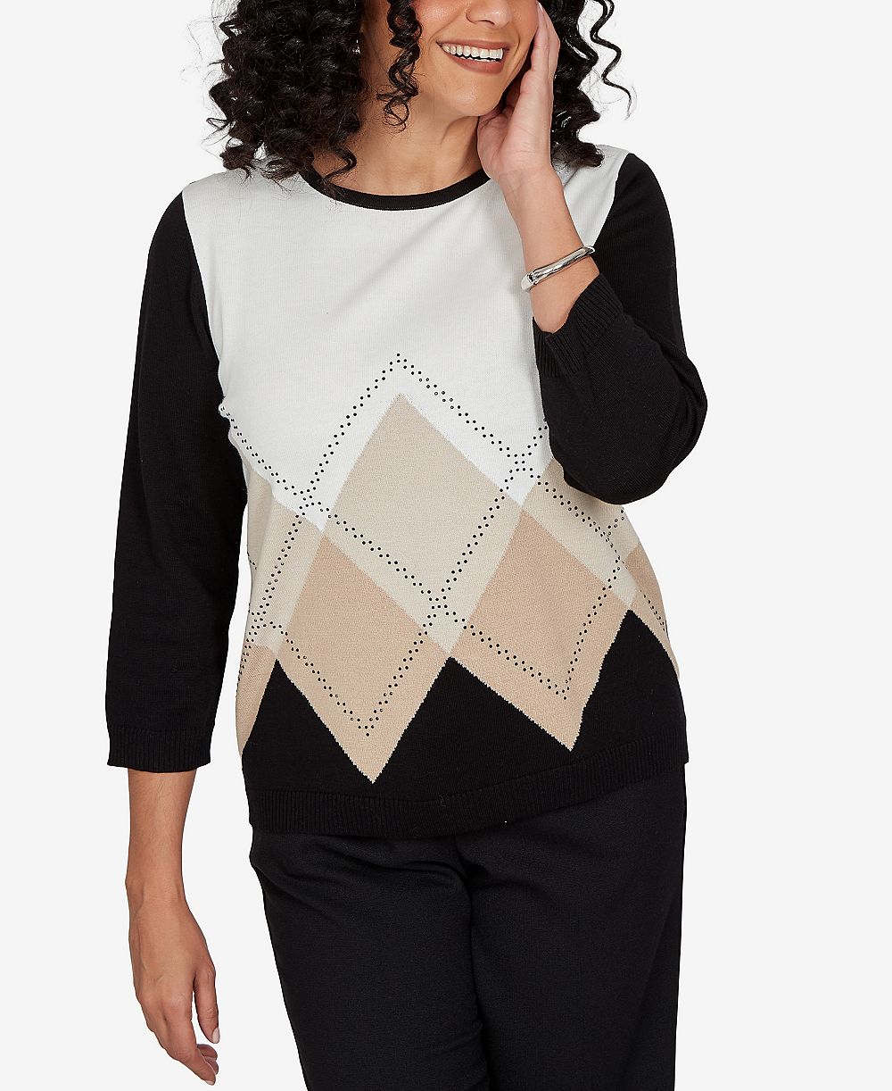 Alfred Dunner Petite Classic Argyle Beaded 3/4-Sleeve Sweater