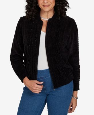 Alfred Dunner Petite Cable Knit Full-Zip Collared Cardigan