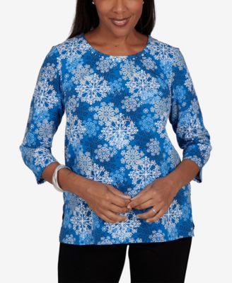 Alfred Dunner Petite Snowflake Print 3/4-Sleeve Holiday Knit Top