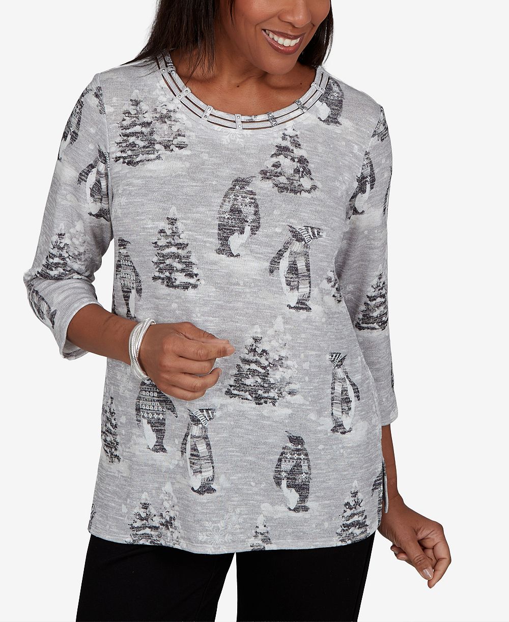 Alfred Dunner Petite Classic Penguins and Trees 3/4-Sleeve Holiday Knit Top