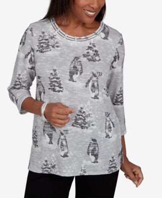 Alfred Dunner Petite Classic Penguins and Trees 3/4-Sleeve Holiday Knit Top