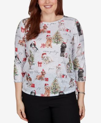 Alfred Dunner Petite Classic Gift Giving Dogs Holiday 3/4 Sleeve Knit Top