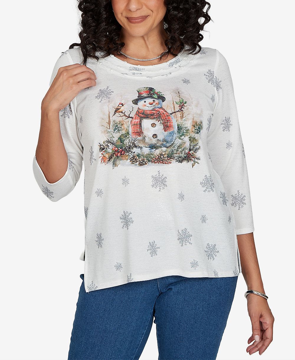 Alfred Dunner Petite Snowman 3/4-Sleeve Knit Top