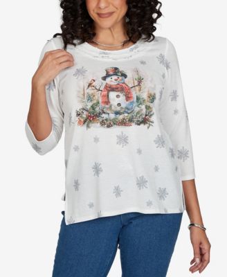 Alfred Dunner Petite Snowman 3/4-Sleeve Knit Top