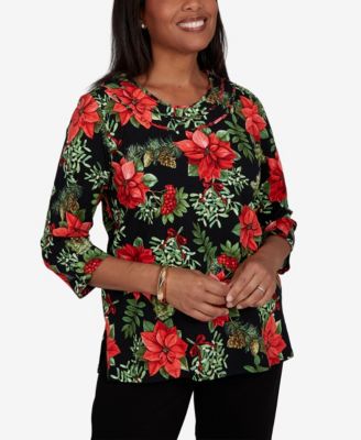 Alfred Dunner Petite Cardinals On Branches 3/4-Sleeve Floral-Print Top