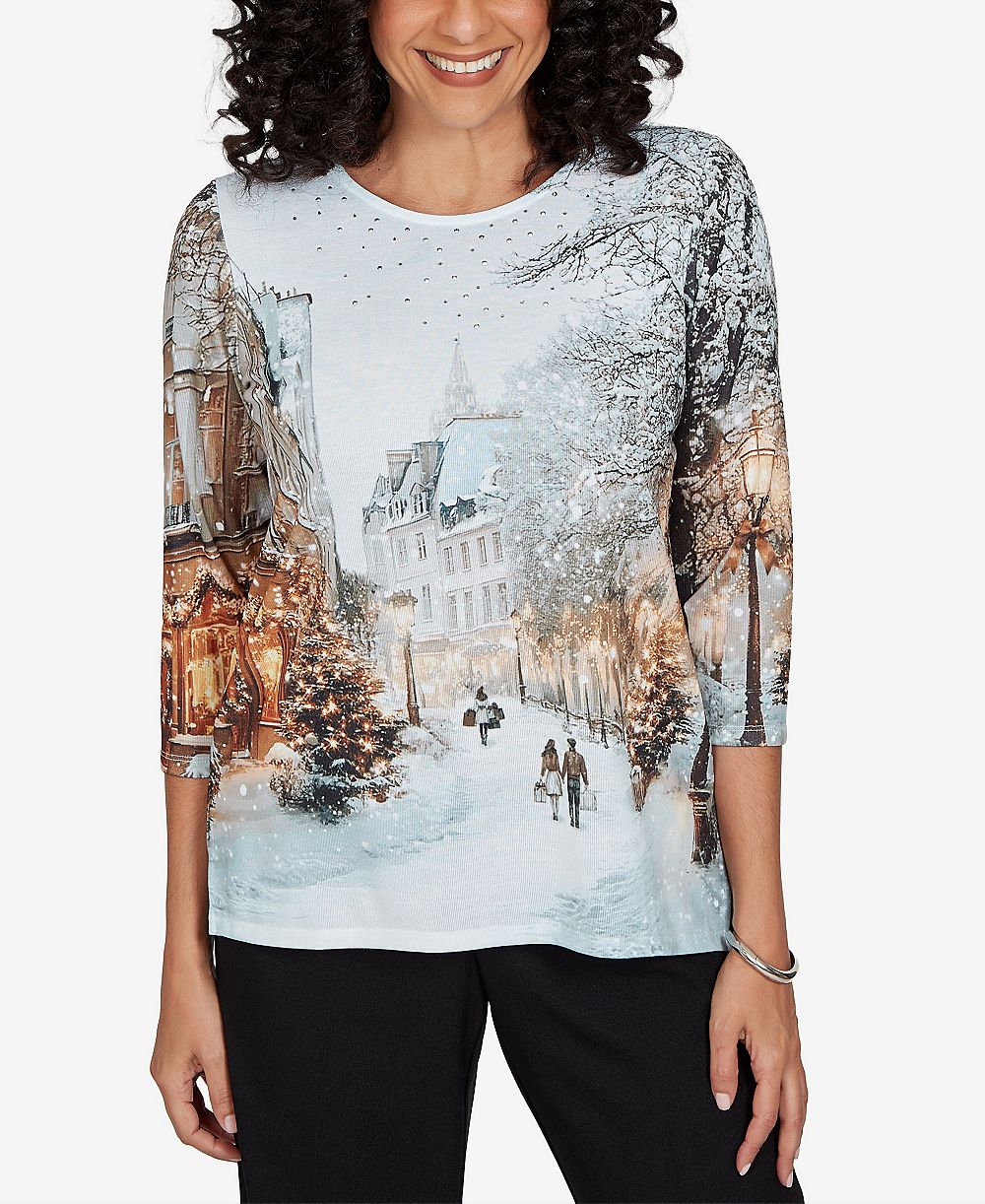 Женский трикотажный топ Alfred Dunner Petite Classic Christmas In The City с принтом