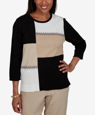 Alfred Dunner Petite Travel Advisory Colorblock 3/4-Sleeve Embellished Sweater