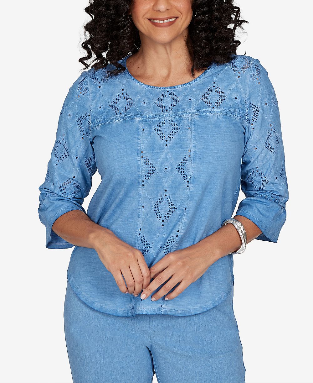 Alfred Dunner Petite Топ с 3/4 рукавом Provence Tonal Diamond Applique