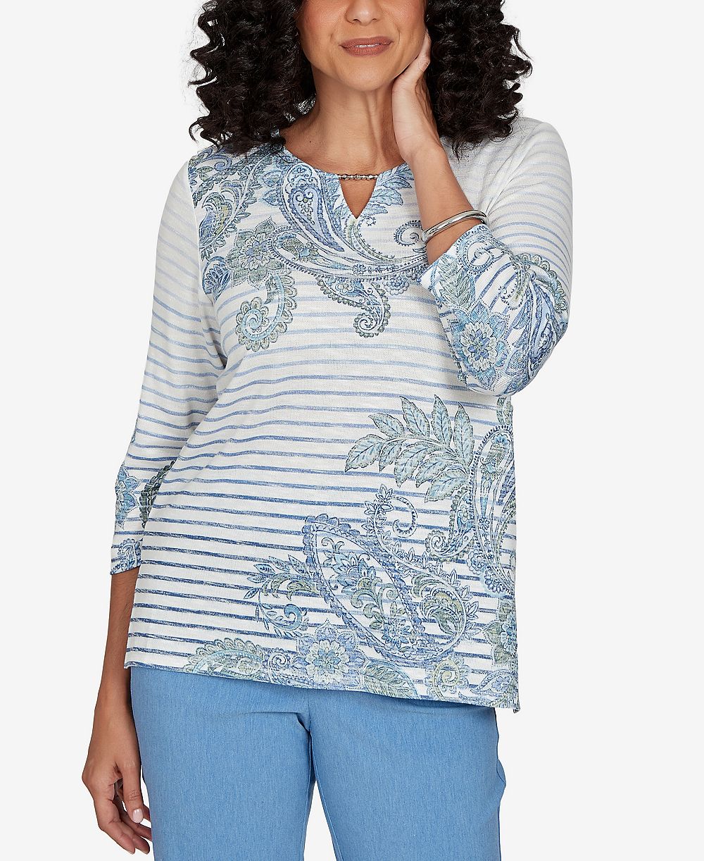 Топ Alfred Dunner Petite Provence Paisley Stripe Split Neck с рукавом 3/4