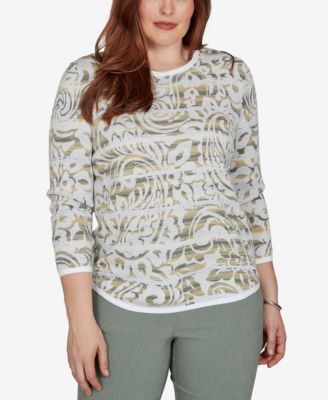Alfred Dunner Petite Provence Crewneck 3/4-Sleeve Paisley-Stripe Sweater