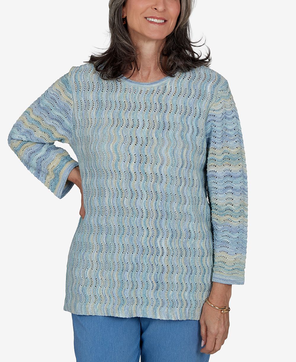 Свитер Alfred Dunner Petite Provence Scalloped-Striped Textured Crewneck