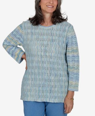 Alfred Dunner Petite Provence Scalloped-Striped Textured Crewneck Sweater