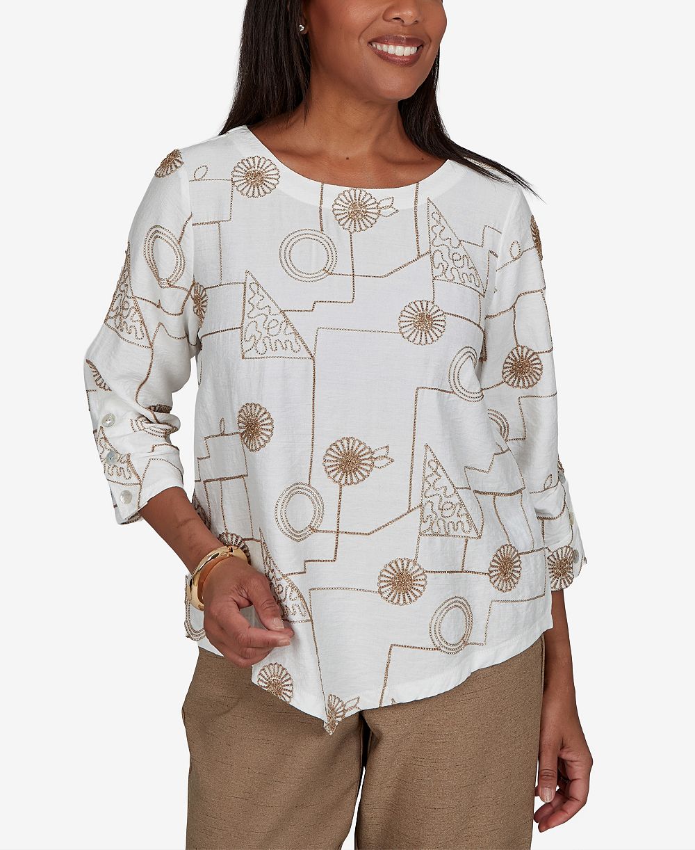 Alfred Dunner Petite блузка Union Square Geometric-Floral 3/4-Sleeve Crewneck Rayon-Nylon Blend