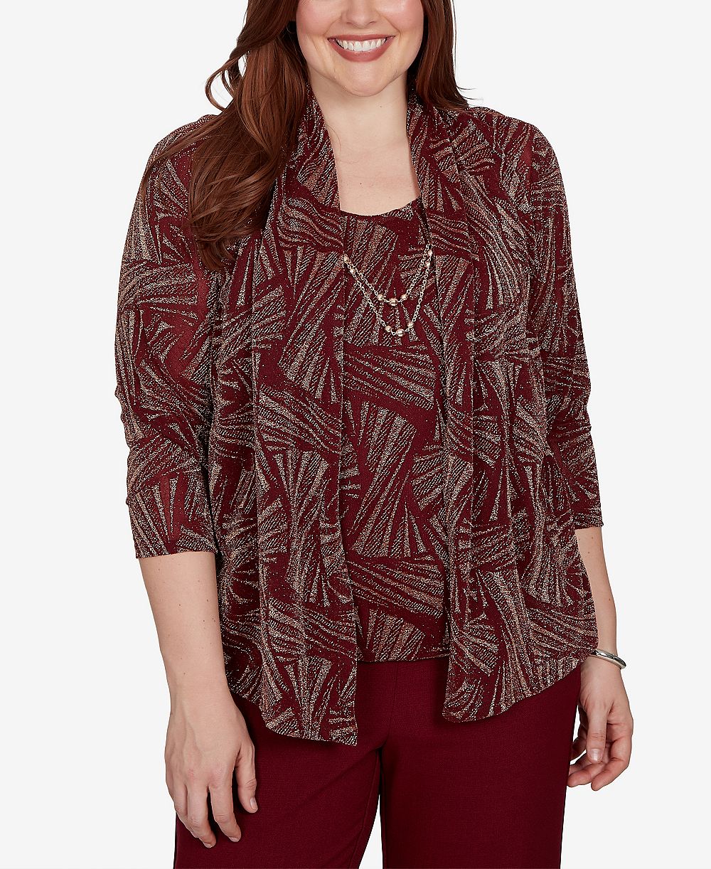 Верх Alfred Dunner Petite Union Square Shimmer Abstract Two In One 3/4-Sleeve With Necklace