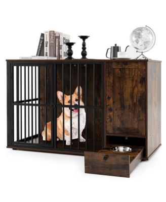 RUIE Dog Crate Furniture End Table with Hidden Pull-Out Feeder Bowls
