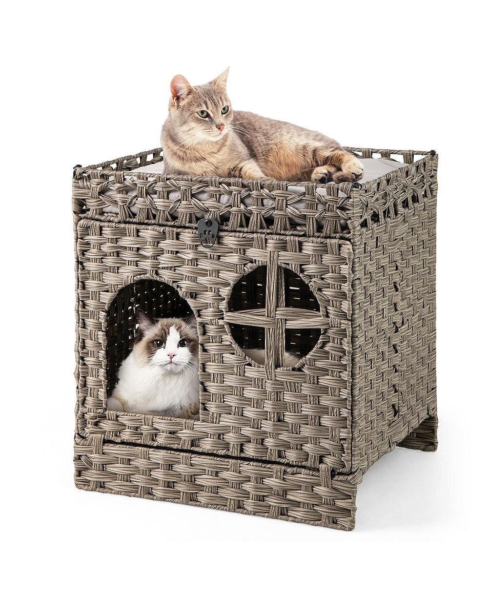 RUIE Foldable 2-Tier Rattan Cat Litter Box Enclosure House с ковриком