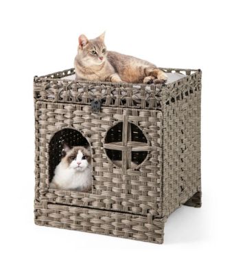 RUIE Foldable 2-Tier Rattan Cat Litter Box Enclosure House with Litter Mat