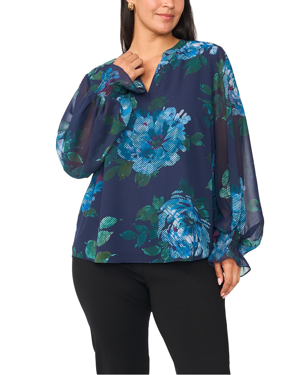 Женская длинно рукавная блуза с цветочным принтом и вырезом с разрезом Plus Size от Vince Camuto