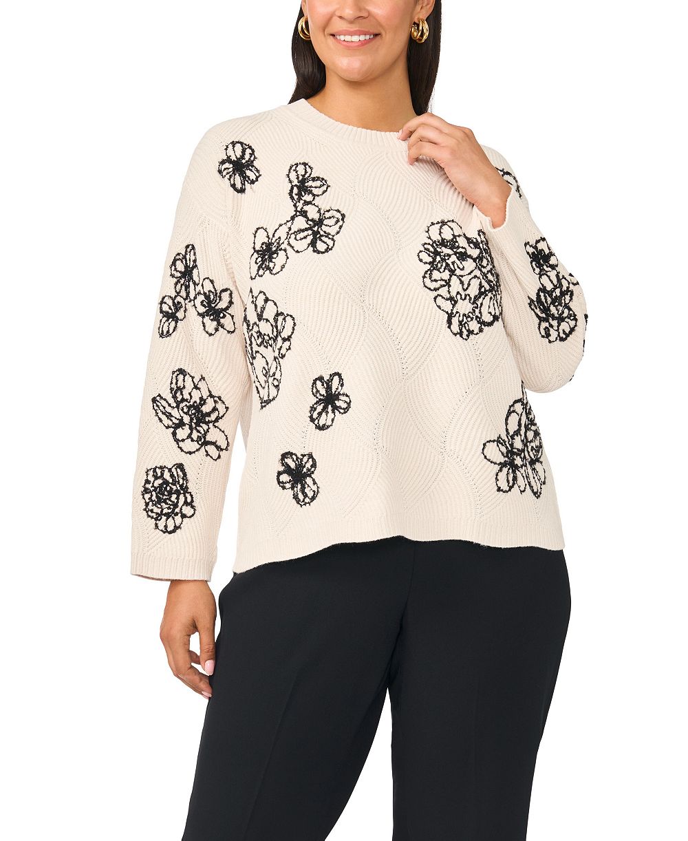 Vince Camuto Plus Size Floral-Embroidered Long-Sleeve Crewneck Sweater