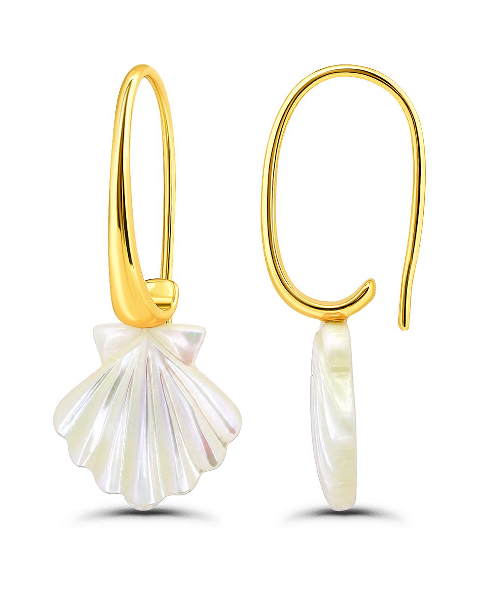 14k Gold-Plated Genuine Mother of Pearl Seashell Shape Hardwire Fishhook Drop Earrings