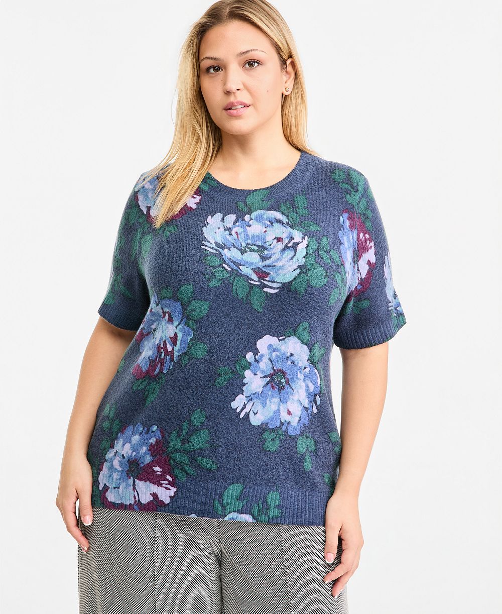 Vince Camuto Plus Size Short-Sleeve Floral-Print Pullover Sweater