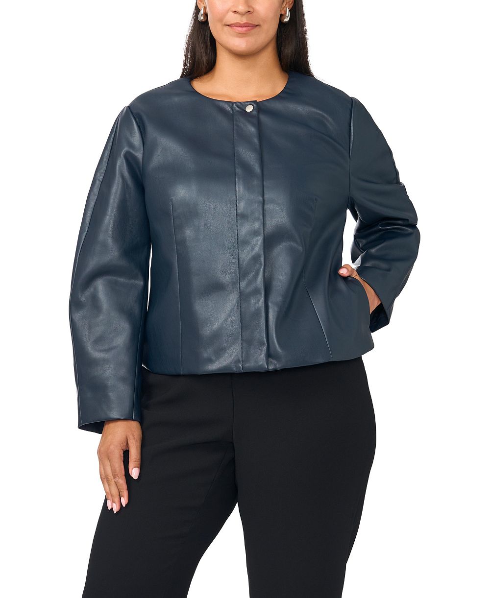 Vince Camuto Plus Size Balloon Sleeve Faux Leather Crewneck Jacket