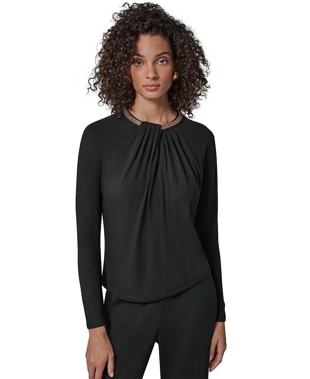 Donna Karan New York Women's Necklace Detail Long-Raglan Sleeves Keyhole Cutout Pullover Sweater