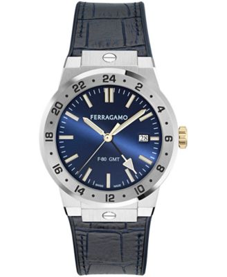 Мужские часы Ferragamo GMT с серебристым корпусом из нержавеющей стали, кожаным ремешком, 41 мм